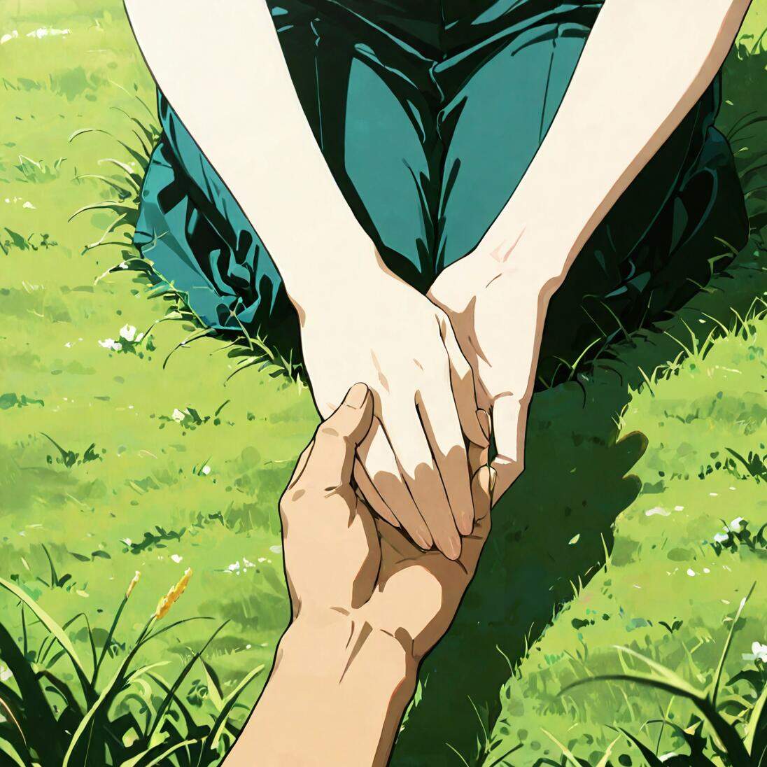 An anime-style illustration of two people holding hands in a sunny, green field. The focus is on a man's hand gently holding a woman's hands as she sits on the grass.