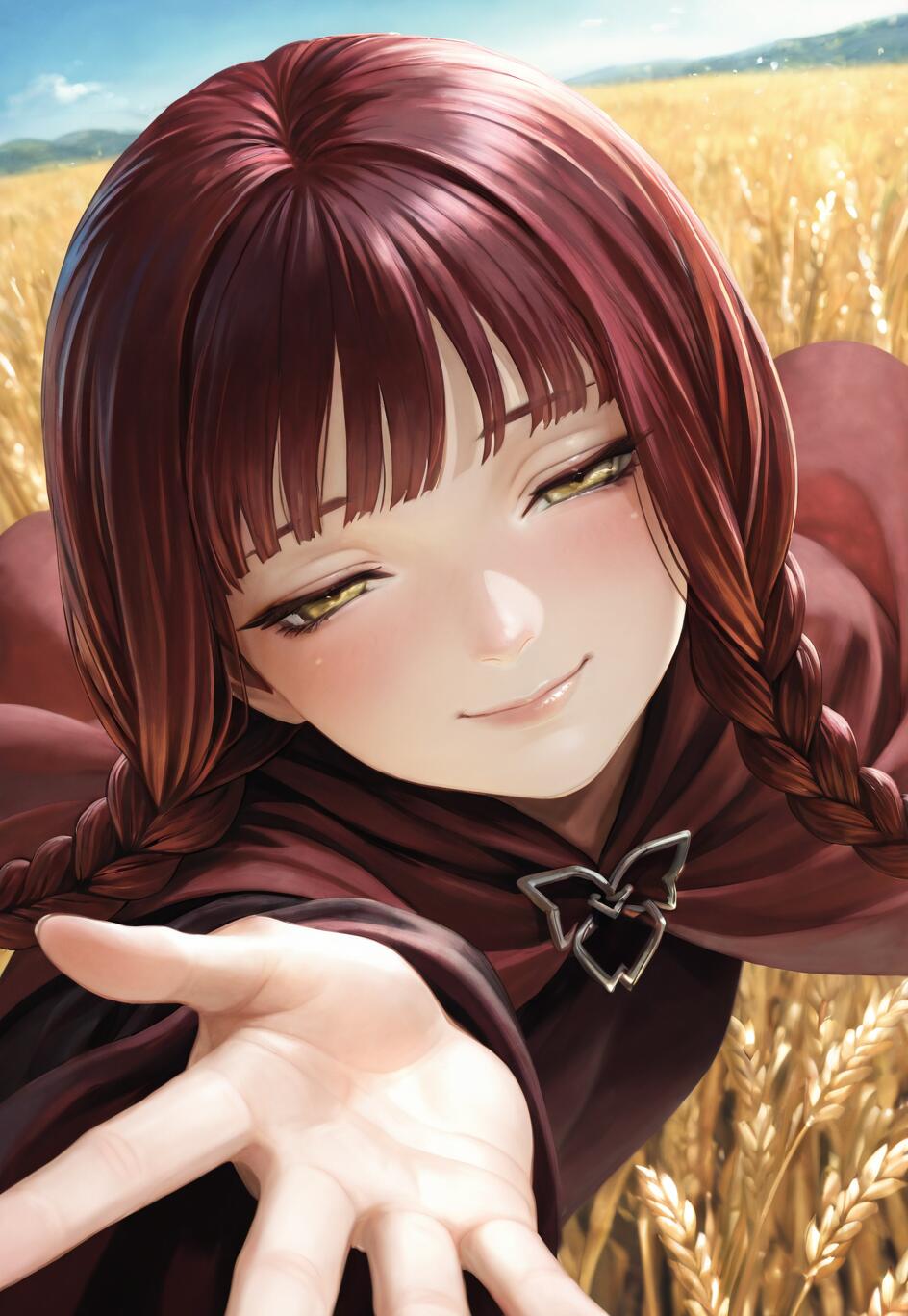 A digital illustration of a young woman with red hair in twin braids and a red cape, smiling gently as she reaches her hand out to the viewer in a golden wheat field.