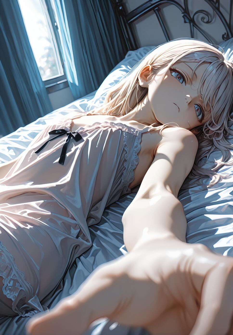 An anime-style girl with blonde hair lies in bed, wearing a pink nightgown. She is reaching her hand out towards the camera from a first-person perspective in a sunlit bedroom.