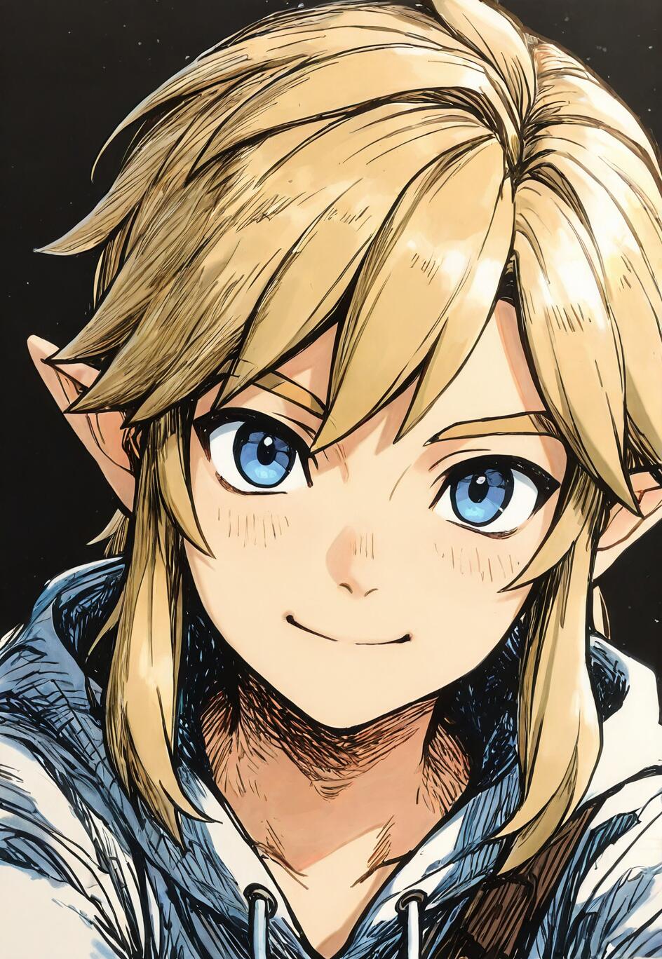 A close-up illustration of Link from The Legend of Zelda, with blonde hair and blue eyes, smiling gently at the viewer while wearing a modern blue and white hoodie.