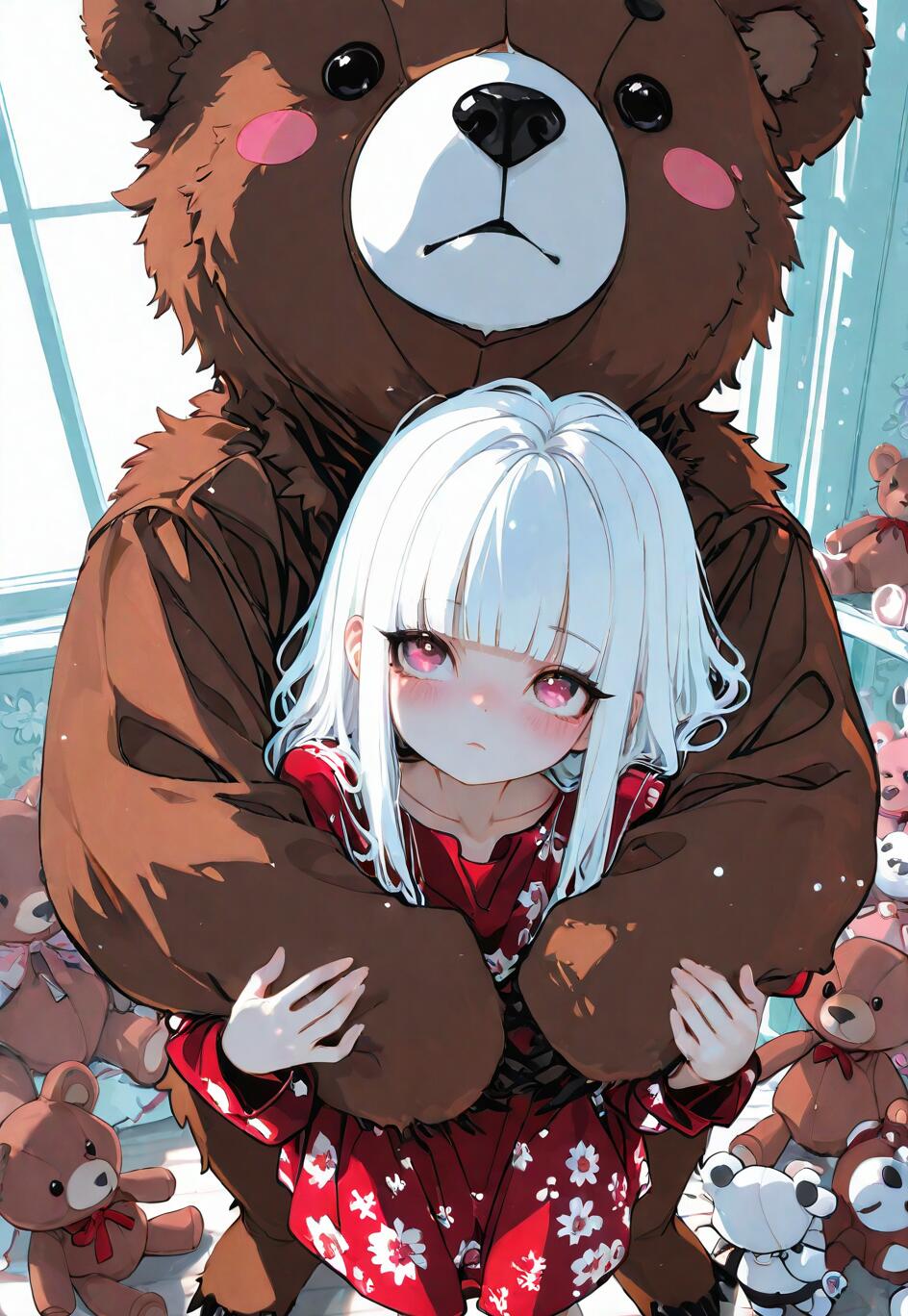 An anime-style illustration of a young girl with long white hair and pink eyes being hugged from behind by a giant brown teddy bear. She is wearing a red floral dress, and the room is filled with many other smaller teddy bears.