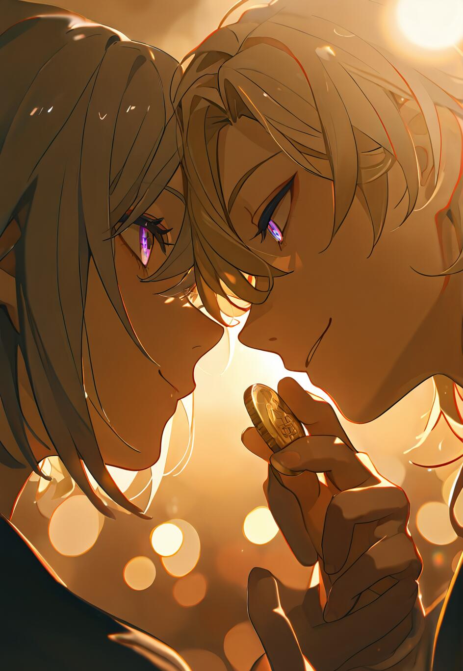 An anime-style digital painting of Aventurine and Topaz from Honkai: Star Rail. They are face-to-face in a close-up shot, bathed in warm, golden light with a bokeh background. Aventurine holds a coin between them, and they share an intense gaze.