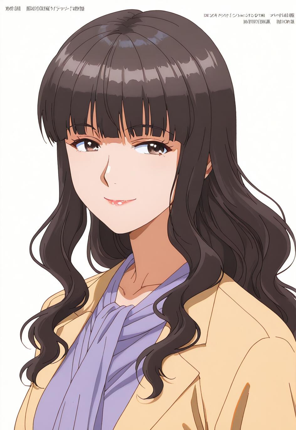 An upper-body portrait of Shihoko Fujimiya from More Than a Married Couple, But Not Lovers. She has long, wavy dark hair and is smiling gently while looking to the side, wearing a purple blouse and a tan blazer against a white background.