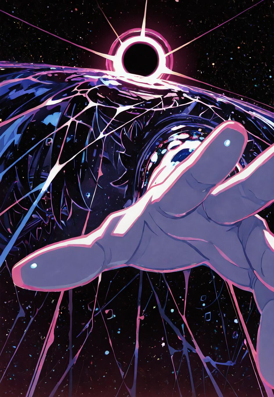 A stylized, purple and pink hand reaching out towards the camera from a chaotic, dark space scene featuring a black hole with a bright pink corona.