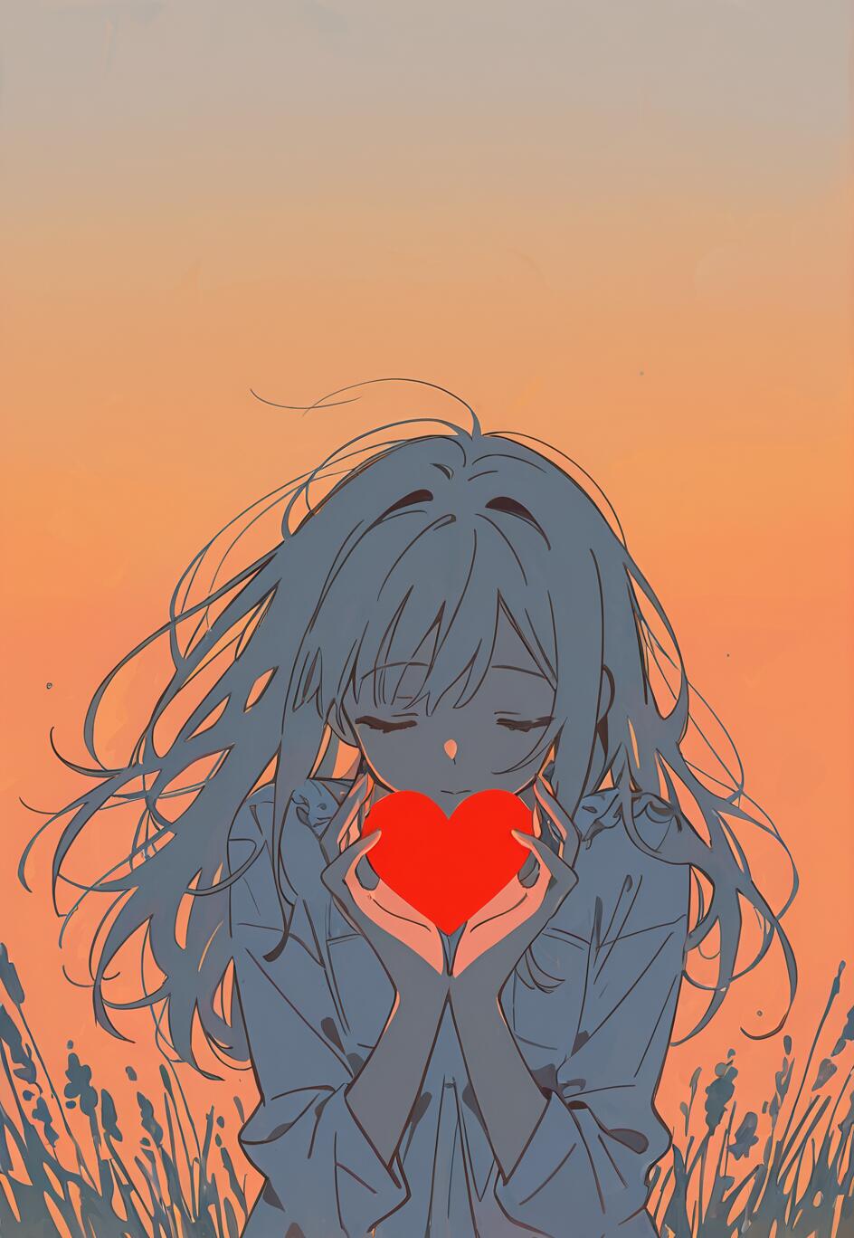 An anime girl with long, blue-grey hair and closed eyes, standing in a field against an orange sunset sky, gently holding a glowing red heart in her hands.
