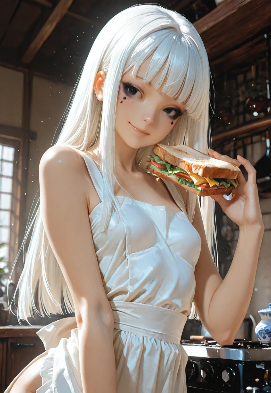 A young woman with long white hair and a white apron holding a sandwich in a sunlit kitchen.