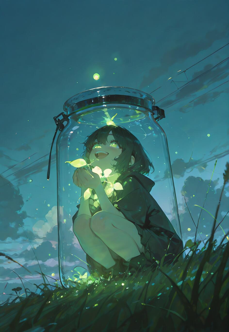 An anime girl with short dark hair smiles joyfully inside a large glass jar at night, holding a glowing plant and surrounded by the green light of fireflies in a field of tall grass.