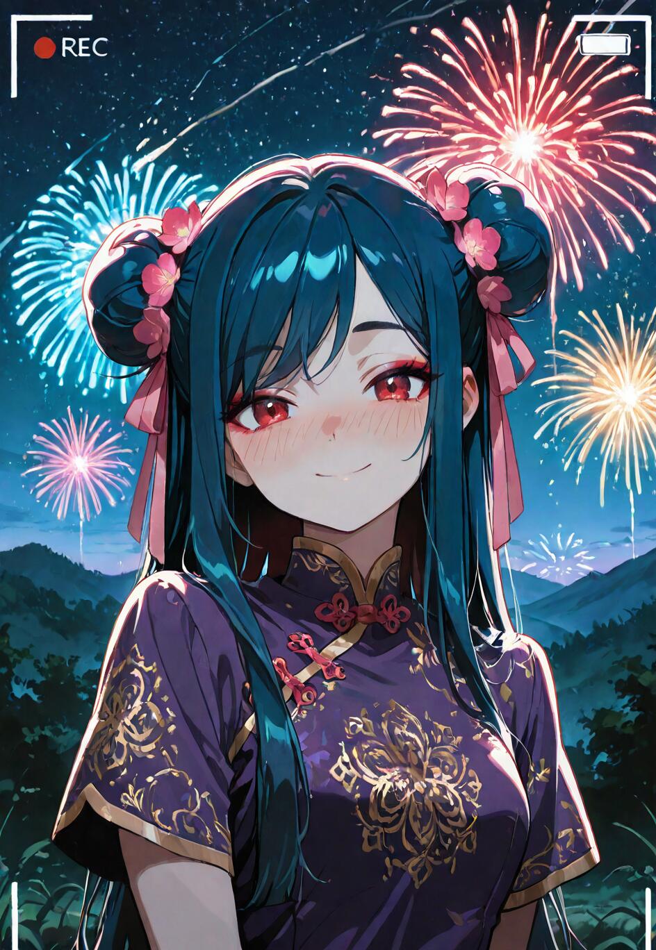 An anime girl with dark blue hair in double buns and a purple Chinese dress smiles in front of a night sky filled with colorful fireworks, framed by a camera viewfinder overlay.