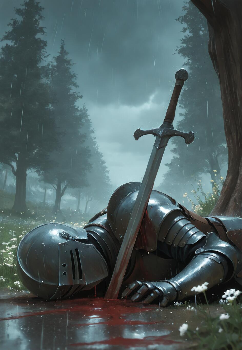 A fallen knight in full metal armor lies on the ground in a rainy forest clearing, with their helmet beside them. A large sword is stuck in the earth next to the body, which is surrounded by a pool of blood and small white flowers.