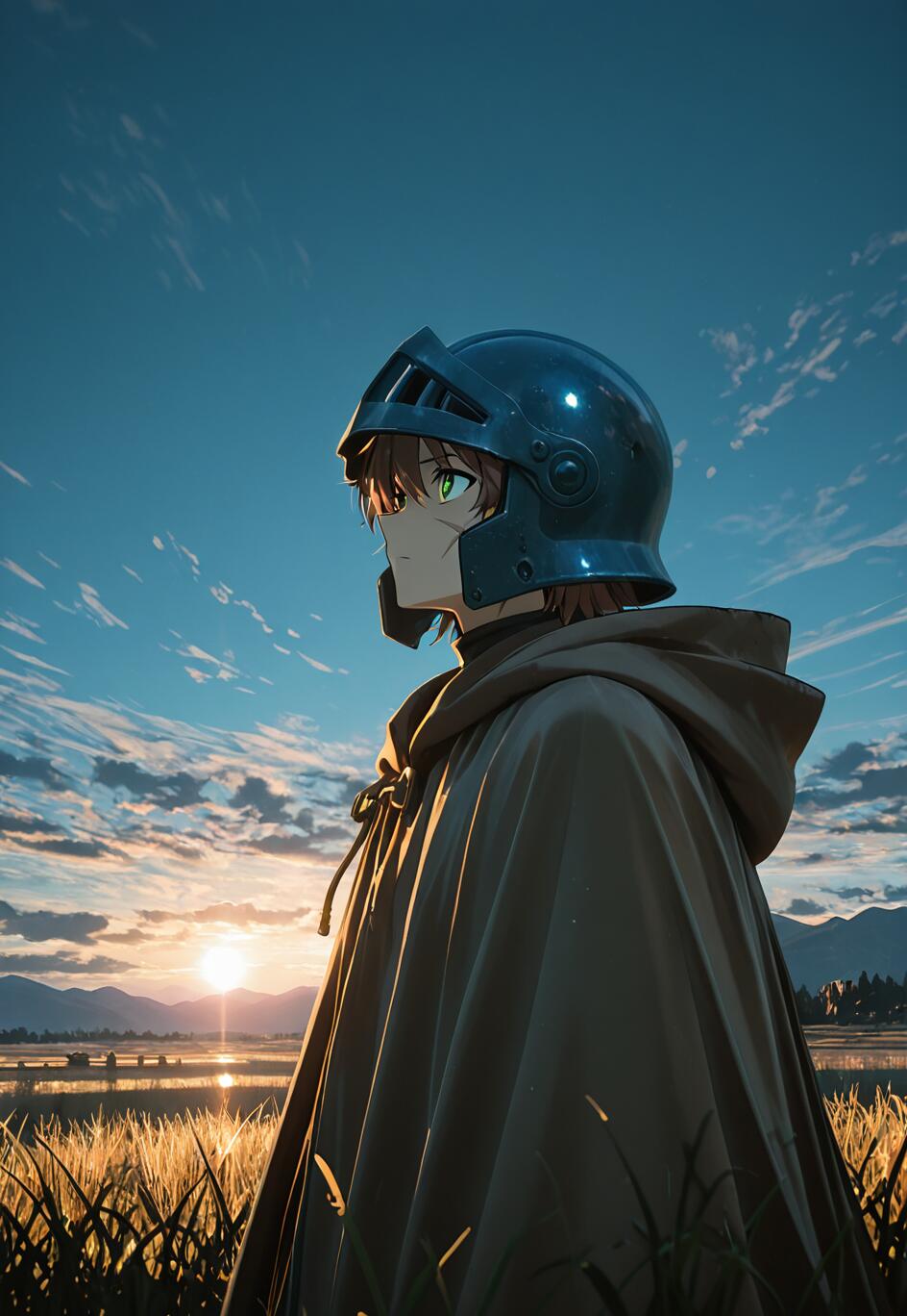 A young man with brown hair and green eyes, wearing a knight's helmet and a brown cloak, looks out over a field of tall grass as the sun rises in the distance.