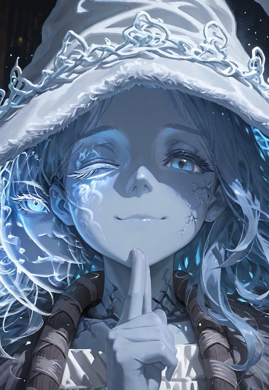 Digital illustration of Ranni the Witch from Elden Ring. She has blue skin and hair, a large white hat, and is winking with a smug smile. A translucent, spectral face appears beside her.