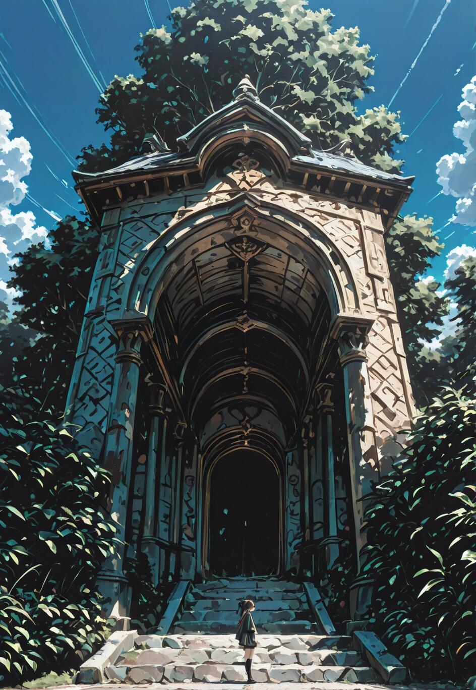 A low-angle view of a young person in a dark uniform standing on stone steps before a massive, ancient, and ornate arched temple entrance surrounded by dense forest and trees under a bright blue sky with clouds.