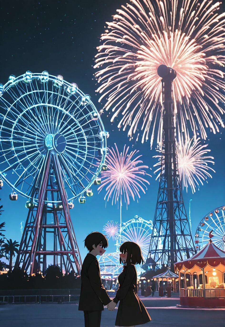 An anime couple holds hands at a brightly lit amusement park at night. A large blue Ferris wheel is on the left, and vibrant fireworks are exploding in the sky above them.