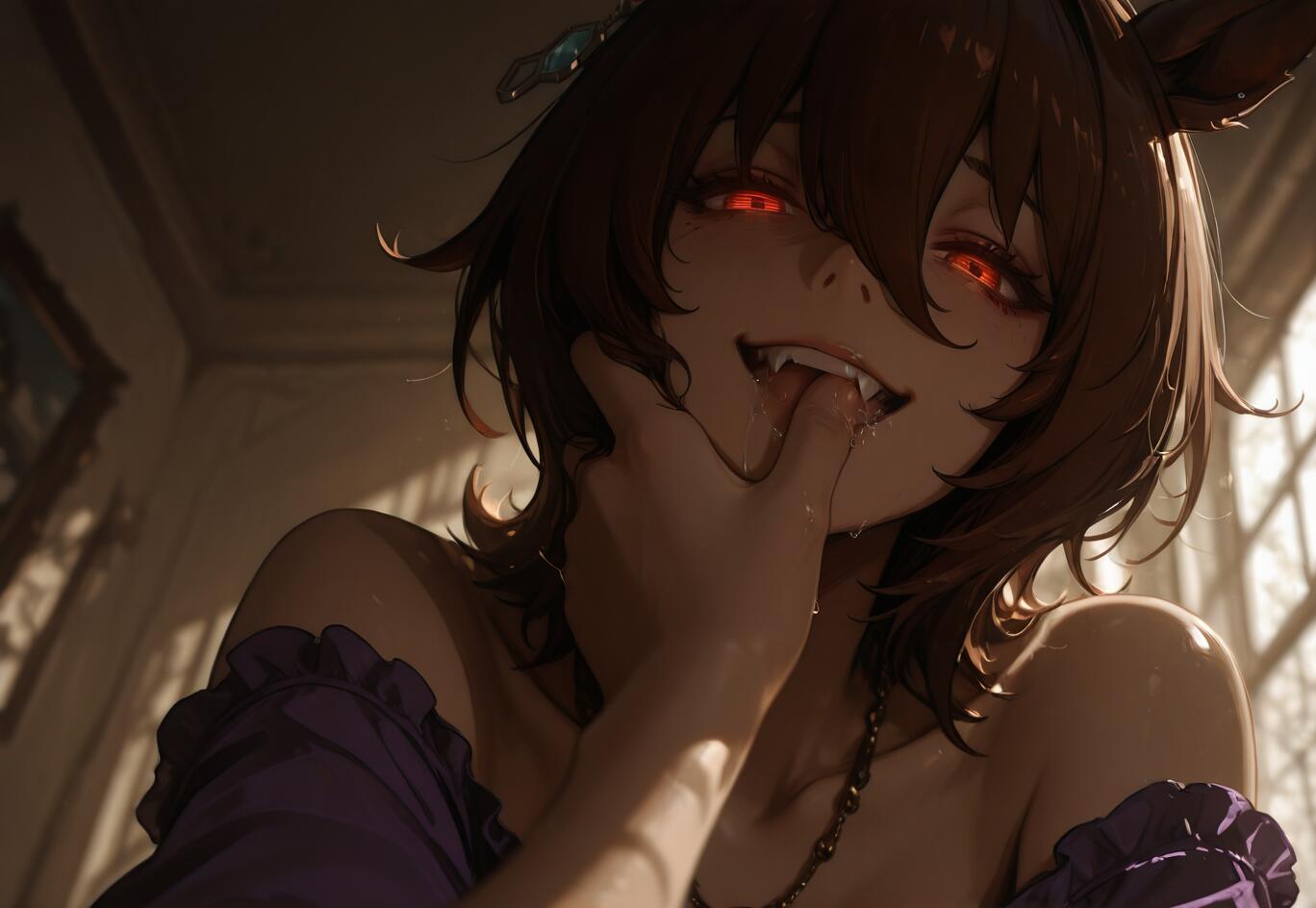 An anime-style illustration of Agnes Tachyon from Uma Musume with brown hair, horse ears, and glowing red eyes. She has a menacing grin with fangs and is licking her fingers while looking intensely at the viewer.