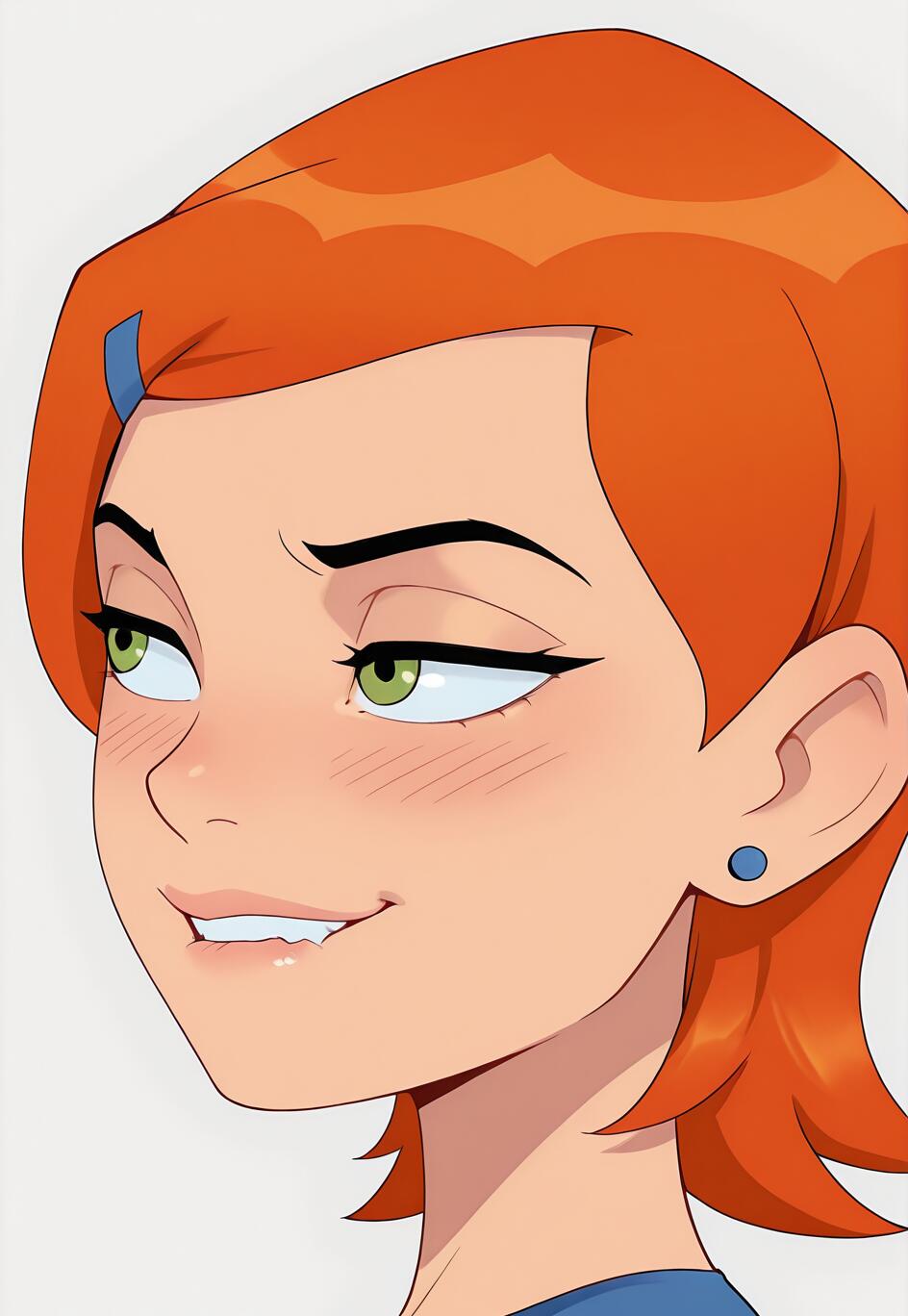A close-up digital illustration of Gwen Tennyson from Ben 10. She has short orange hair, green eyes, and a blue earring. She is looking to the side with a teasing, naughty expression, biting her lip slightly.