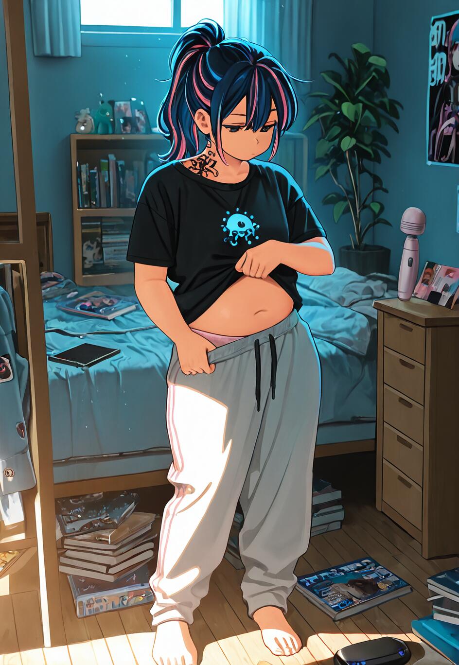 A young woman with blue and pink hair in a ponytail stands in her bedroom, lifting her black t-shirt to look at her stomach. She is wearing grey sweatpants and has a tattoo on her neck. Her room is messy, with books on the floor and a bed in the background.