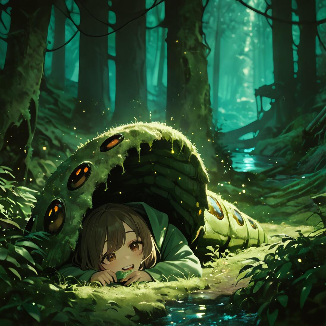 An anime-style girl with brown hair in a large green caterpillar costume lies on the mossy ground of a magical forest, happily nibbling on a leaf while sheltered by the creature's back.