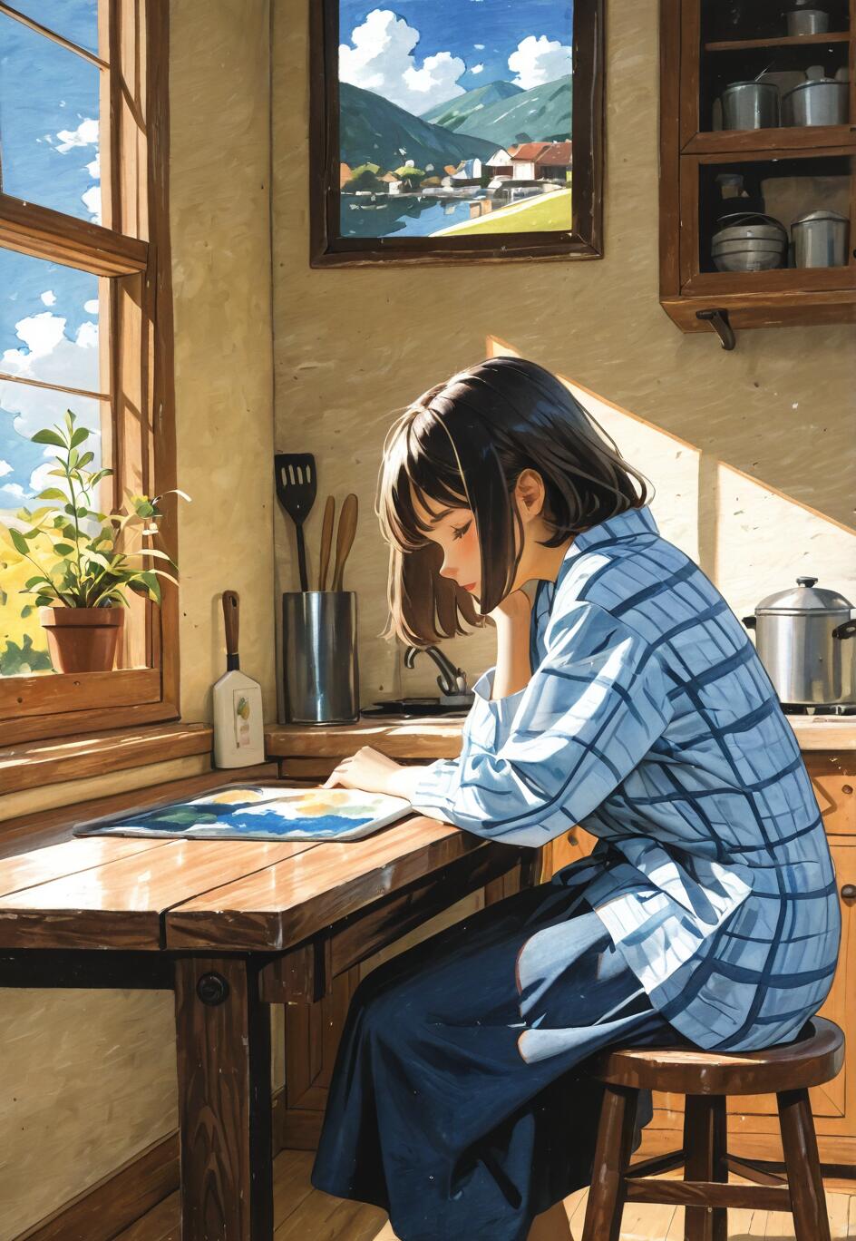An anime-style illustration of a young woman with short dark hair sitting at a wooden kitchen table. She is wearing a blue plaid shirt and is looking down thoughtfully as sunlight streams in from a window next to her.