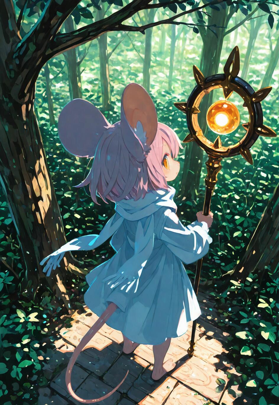 An anime-style mouse girl with pink hair and a long tail, seen from behind, standing in a lush green forest. She wears a white robe and holds a large magical staff with a glowing orb.