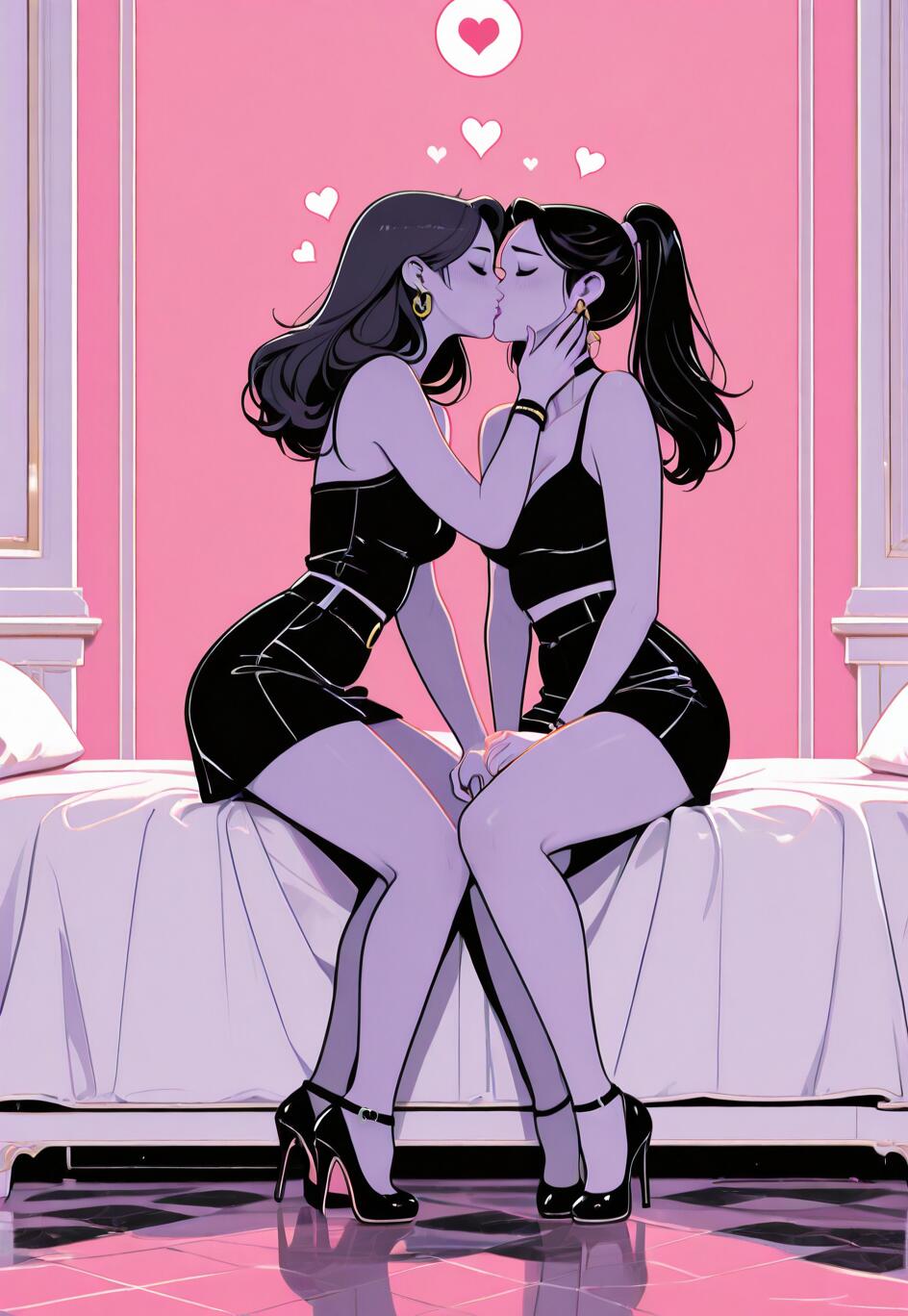 An illustration of two women in matching black dresses and heels sitting on the edge of a bed, sharing a romantic kiss in a pink room with hearts floating above their heads.