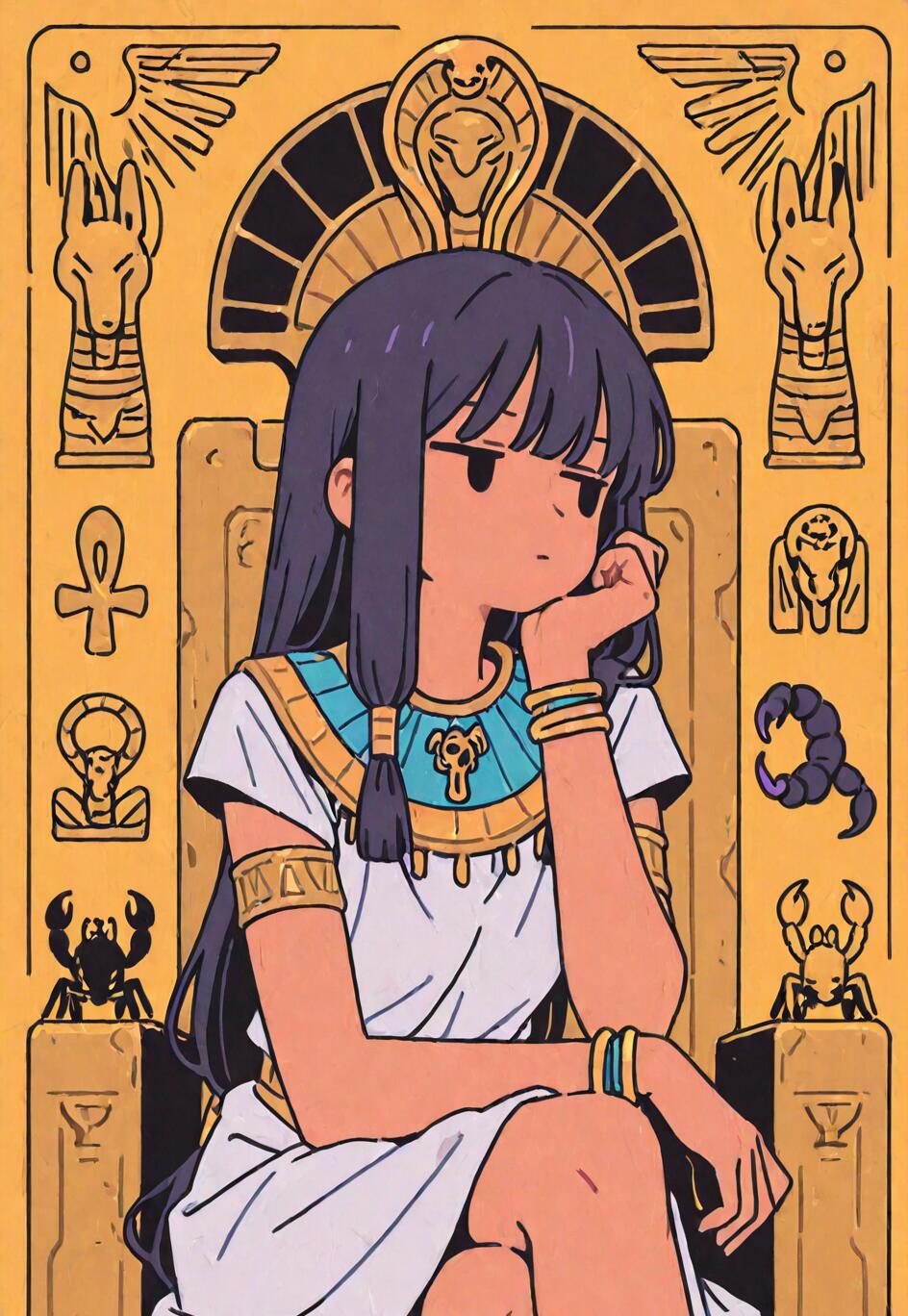 An anime-style illustration of a girl with dark purple hair dressed as an Egyptian queen, sitting on a golden throne and looking off to the side with a pensive expression.