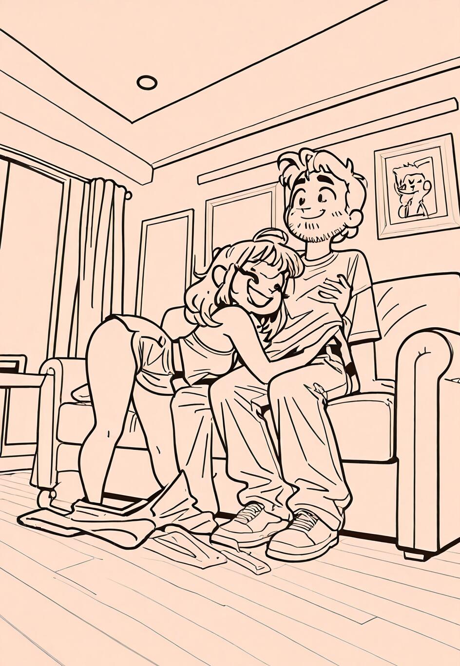 A black and white line drawing of a woman in shorts and a tank top bending over to hug a smiling man who is sitting on a couch in a living room. A vacuum cleaner is on the floor in the foreground.
