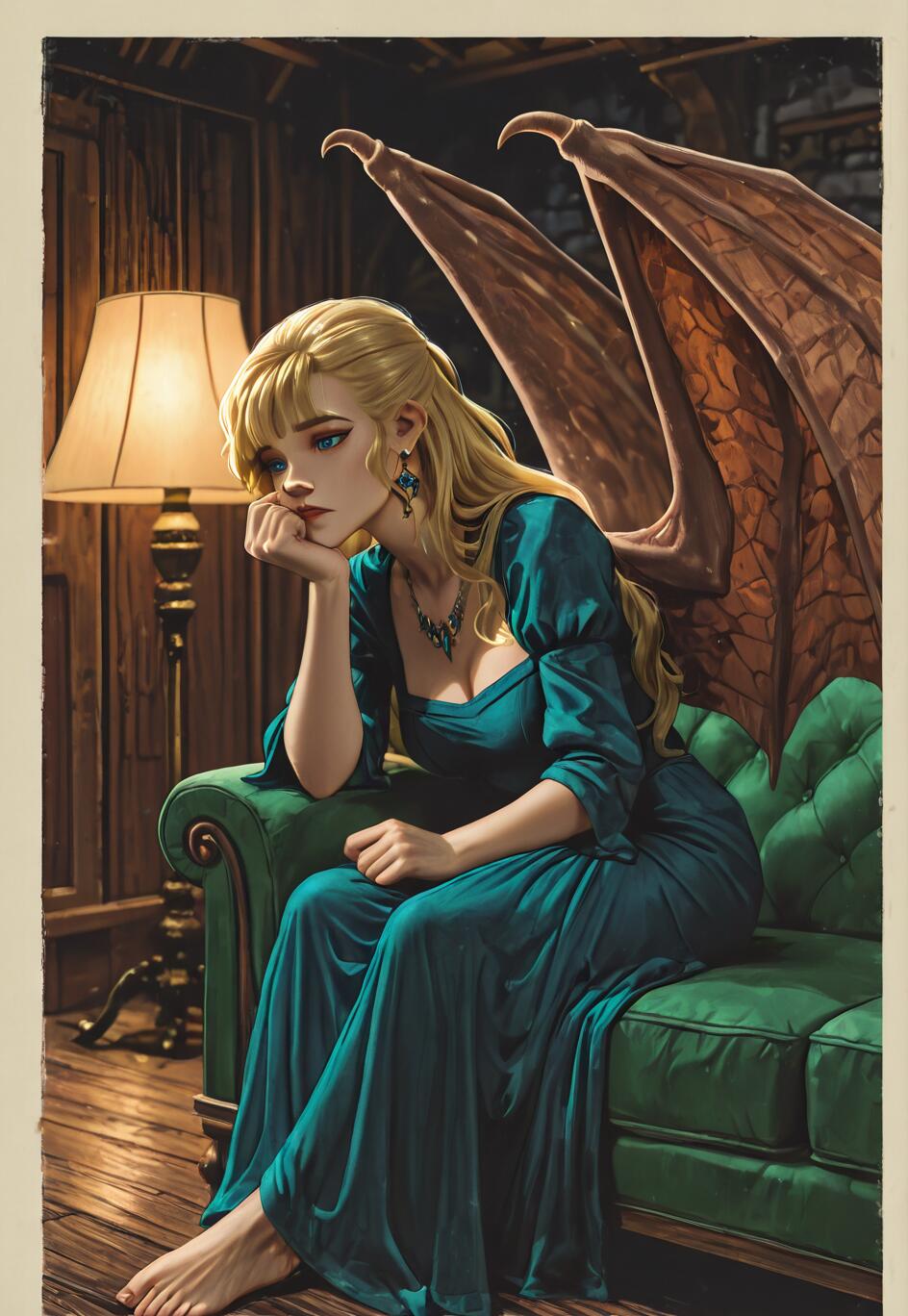 An illustration of a young woman with long blonde hair and large brown wings, sitting on a green couch in a dimly lit room. She is wearing a long teal dress and resting her chin on her hand, looking thoughtful.