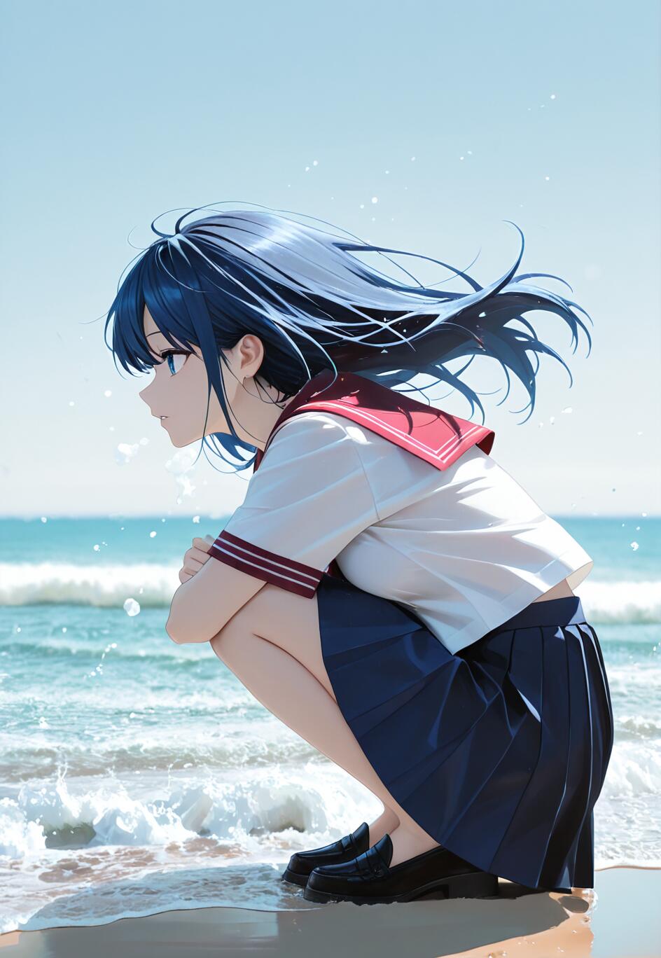 An anime girl with dark blue hair in a school uniform, crouching on a sandy beach and looking out at the ocean waves.