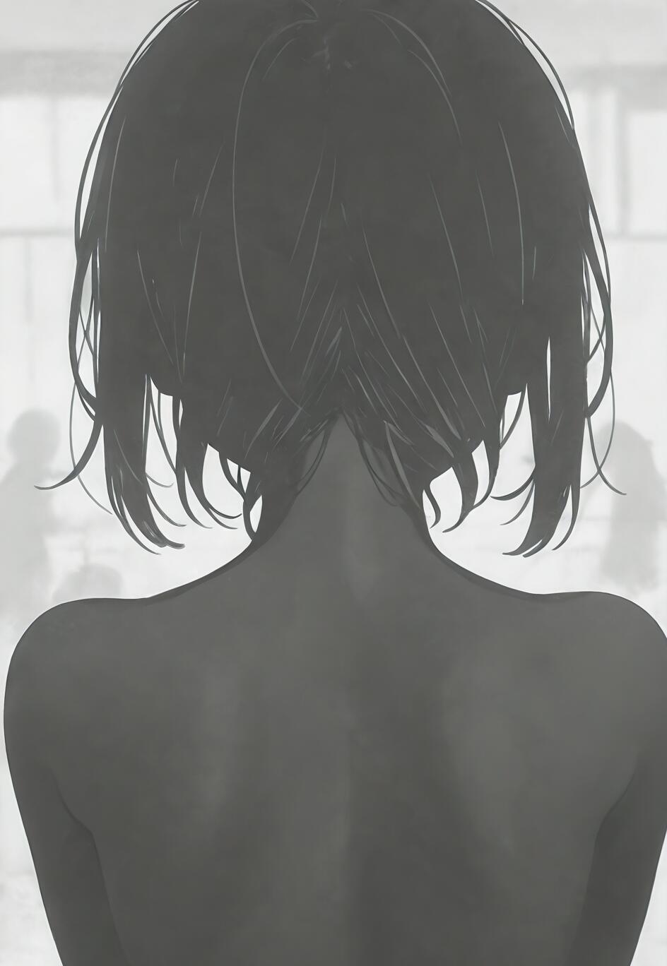 A greyscale anime-style illustration showing the back of a woman with short dark hair and bare shoulders, standing as a silhouette against a bright, blurry background.