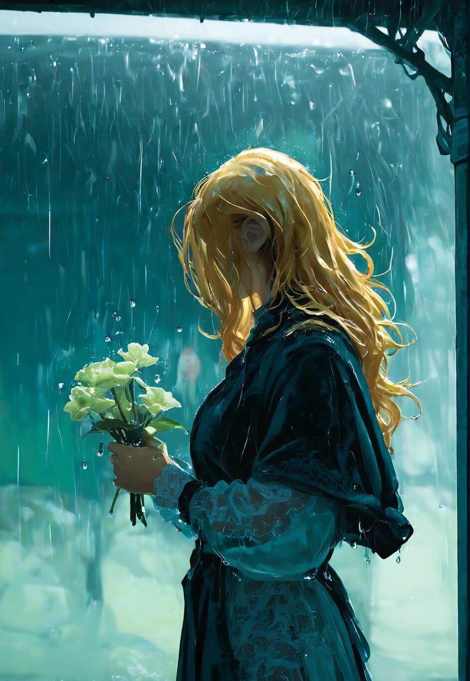 An anime-style illustration of a young woman with long blonde hair holding a bouquet of pale flowers while standing under a shelter in the pouring rain.