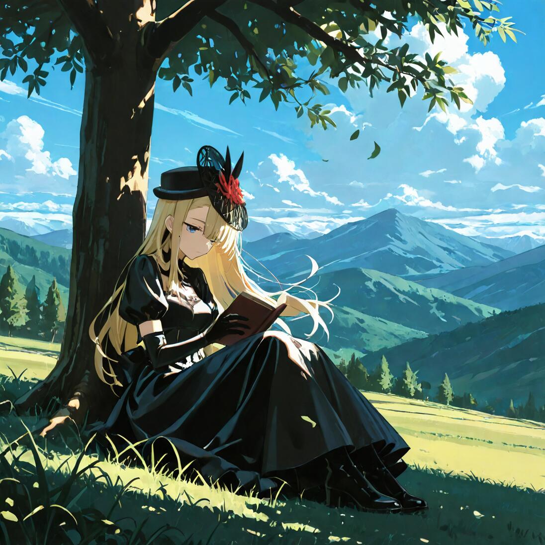 Anime illustration of Shokuhou Misaki, a girl with long blonde hair, in a black Victorian dress and hat, reading a book in the shade of a tree on a hill with mountains in the background.