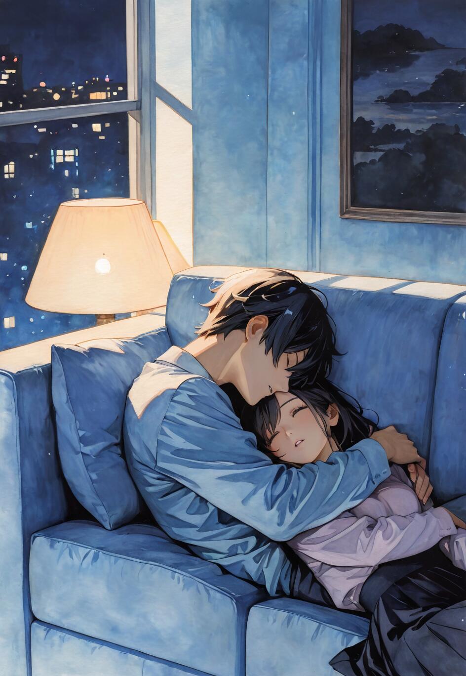 An anime-style illustration of a young man and woman cuddling on a blue couch at night, with a city skyline visible through the window.