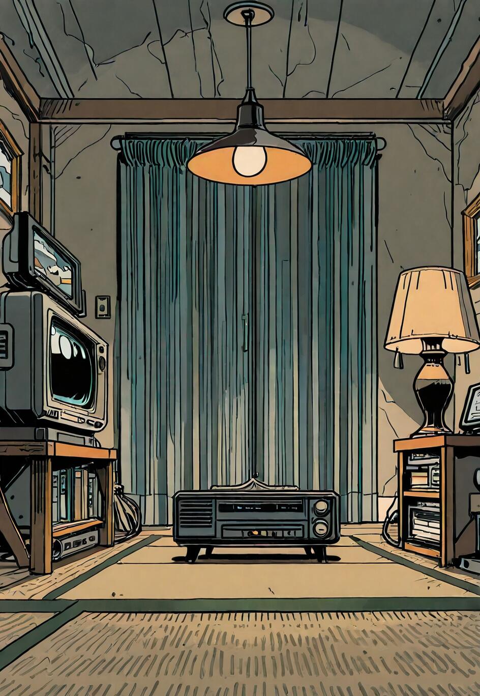 An illustration of a retro-style room with tatami mats, a VCR, stacked tube TVs, and warm lighting from a pendant lamp and a table lamp.
