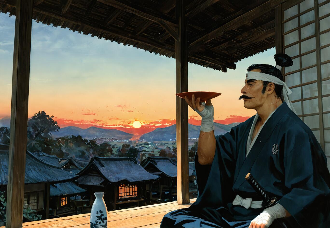 An illustration of a mature samurai with a mustache and topknot, sitting on a porch at sunset and holding a red sake cup while looking out over a Japanese village.