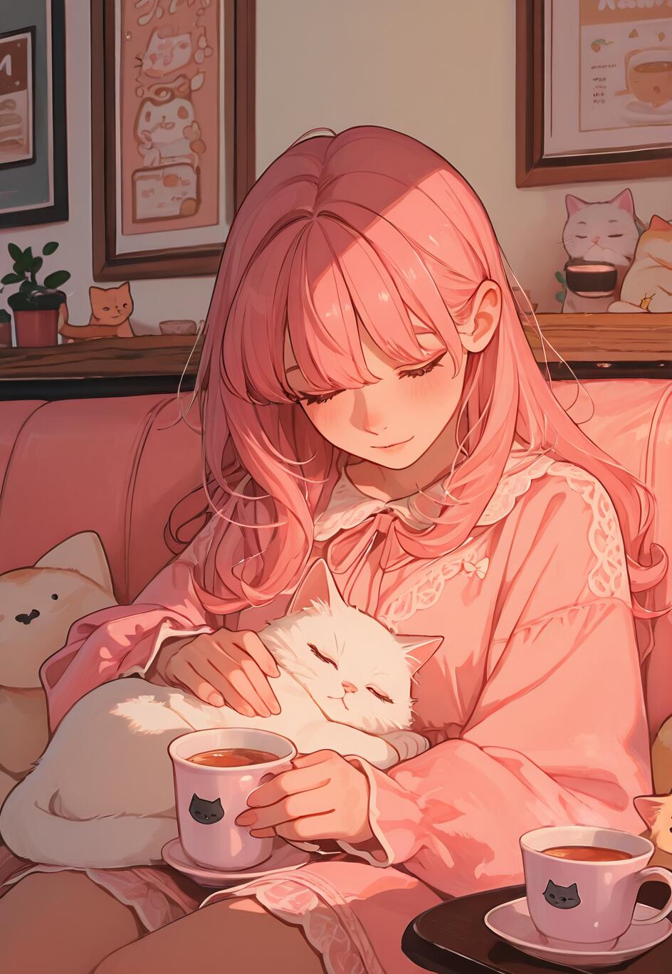 A young woman with long pink hair in pink pajamas, sitting on a pink couch and petting a sleeping white cat on her lap in a cozy, cat-themed room.