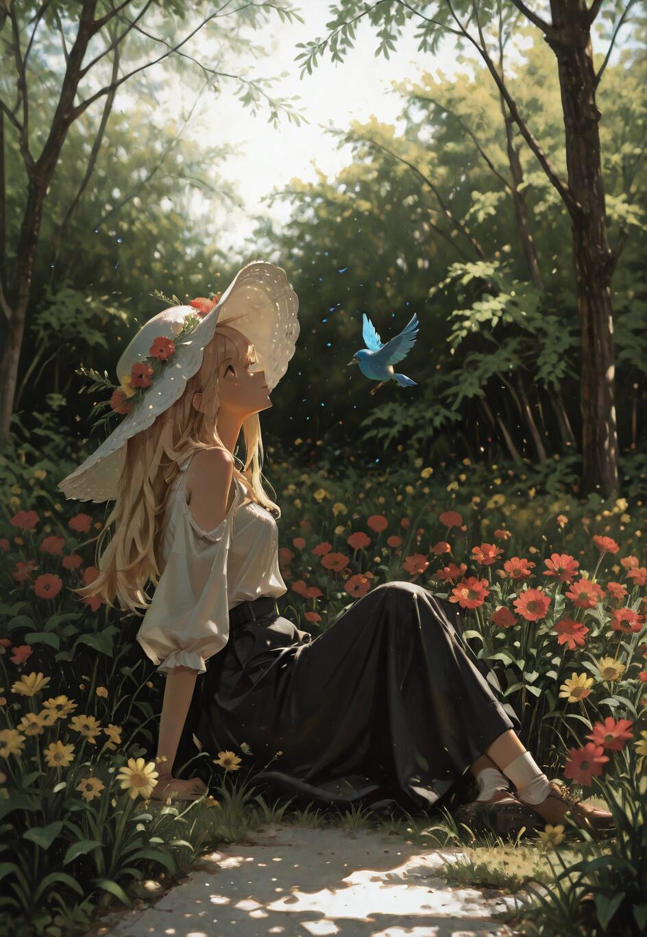 An anime-style illustration of a young woman with long blonde hair and a large white sun hat sitting in a field of red and yellow flowers. She is looking up at a small blue bird hovering in front of her in a sunlit forest.