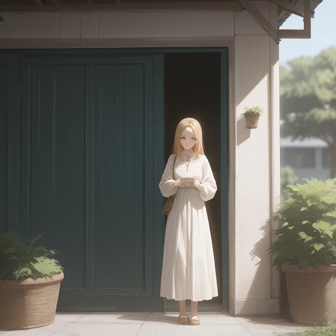 A young anime-style woman with long blonde hair in a long white dress stands in front of a dark green door. She is holding something in her hands and is flanked by two large potted plants under a sunny sky.