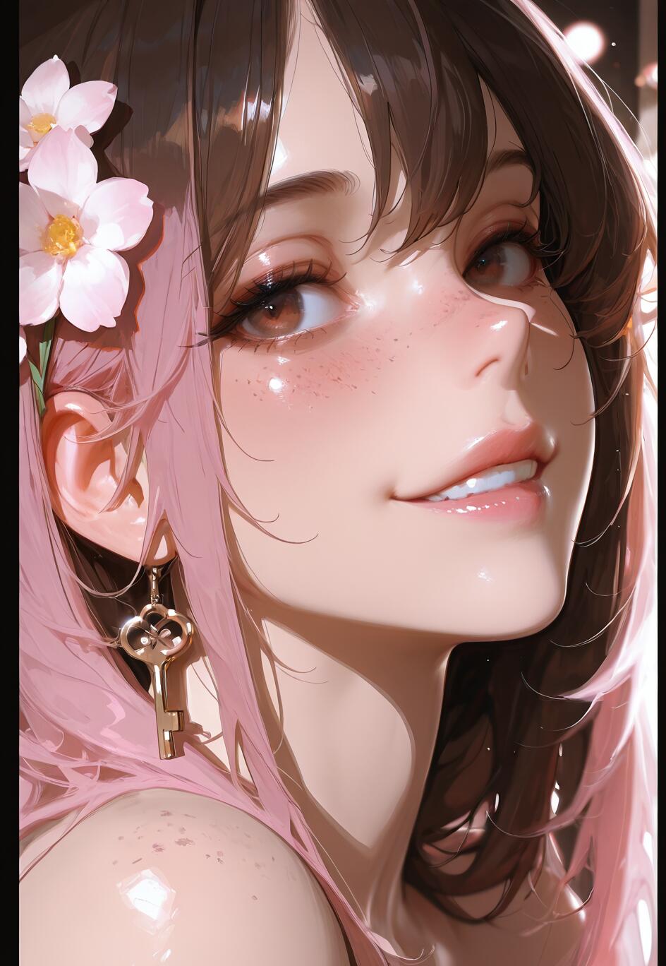 A close-up digital portrait of Neopolitan from RWBY, a young woman with brown and pink hair. She has sakura flowers in her hair, brown eyes, freckles, a gentle smile, and wears a golden key earring.