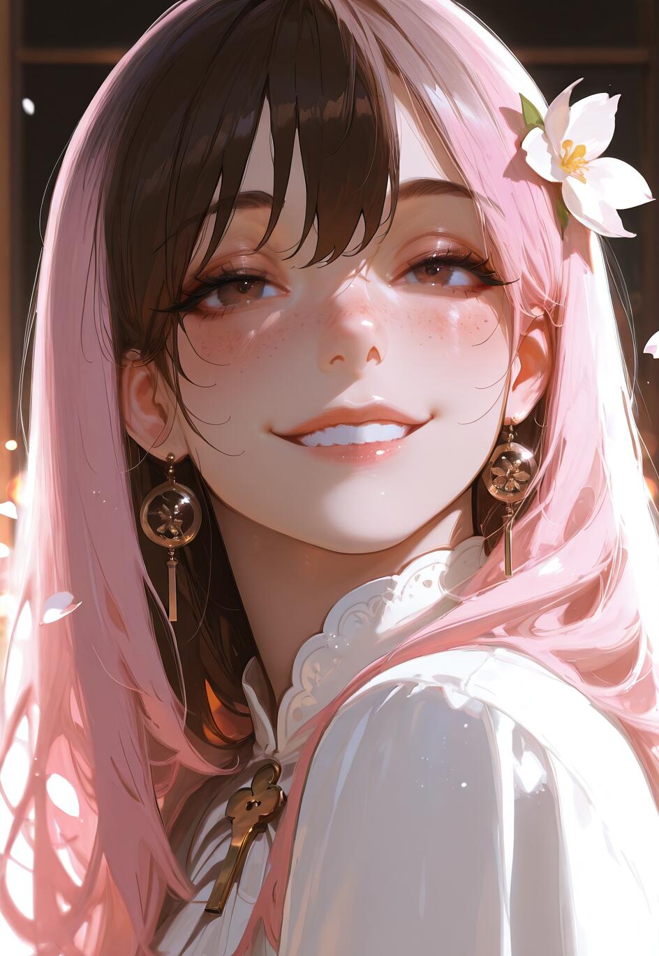 Digital illustration of Neopolitan from RWBY, a young woman with half-pink and half-brown hair, smiling softly at the viewer. She has a white flower in her hair and is wearing a white outfit and gold earrings.