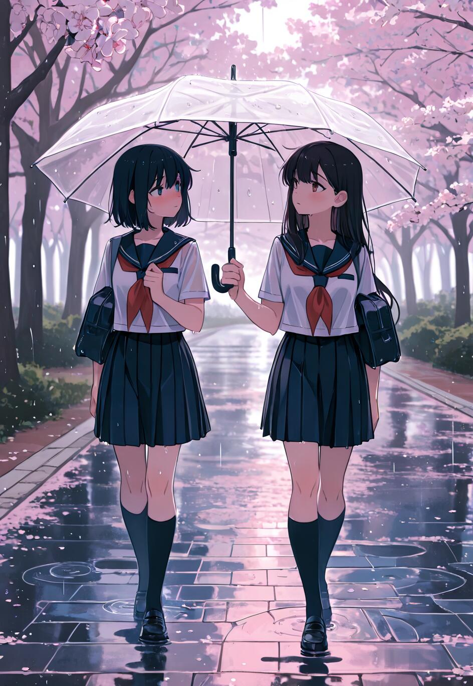 An anime illustration of two schoolgirls walking together under one clear umbrella on a rainy day. They are on a stone pathway lined with blooming pink cherry blossom trees. The pavement is wet and reflects the pink and purple hues of the scene. Both girls wear dark sailor-style school uniforms and look at each other with soft, shy expressions.