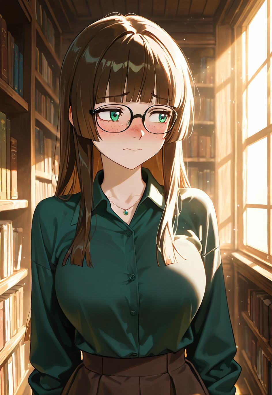 An anime-style illustration of a shy young woman with brown hair, glasses, and freckles, wearing a green shirt and standing in a library filled with books, illuminated by warm sunlight from a window.