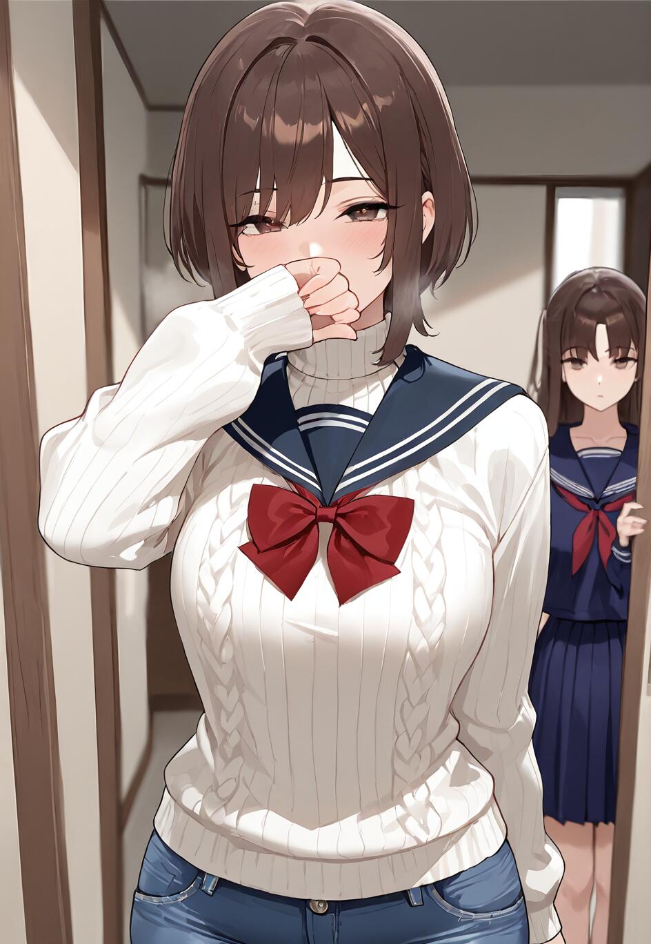 An anime-style girl with short brown hair in a white knit sweater and jeans stands in a hallway, covering her mouth shyly. In the background, another girl in a blue school uniform peeks from behind a doorway.