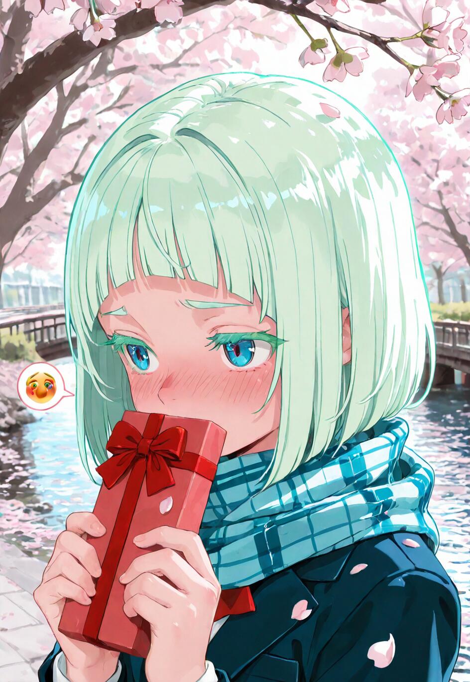 An anime-style girl with light green hair and a blue scarf shyly holds a red gift box while blushing, set against a background of cherry blossom trees and a river.