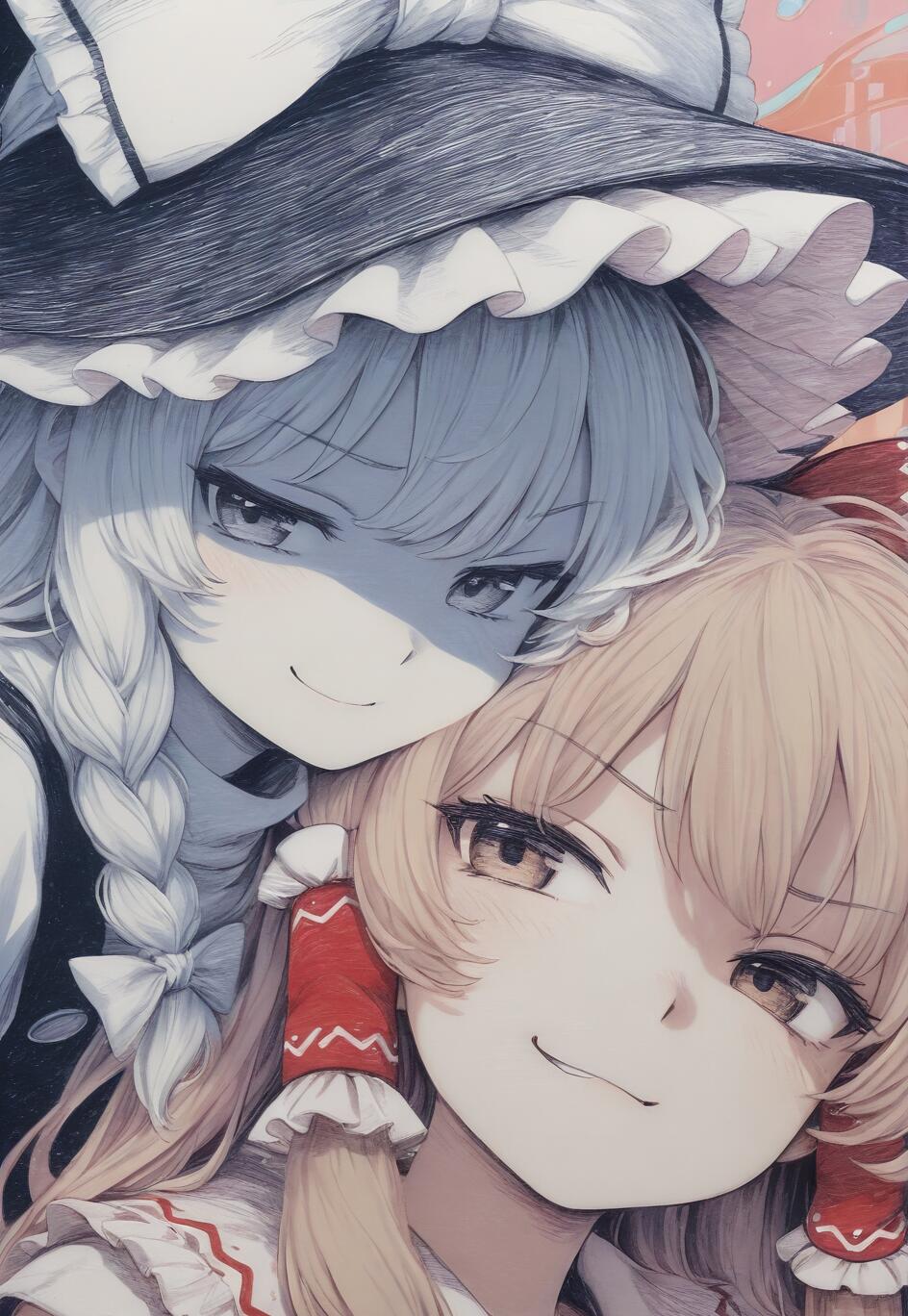 A close-up illustration of two anime characters, Kirisame Marisa and Hakurei Reimu from Touhou Project. Marisa, wearing a large black hat and having braided light hair, is positioned behind Reimu. Reimu has light brown hair and red attire. Both girls are looking at the viewer with smug smiles.