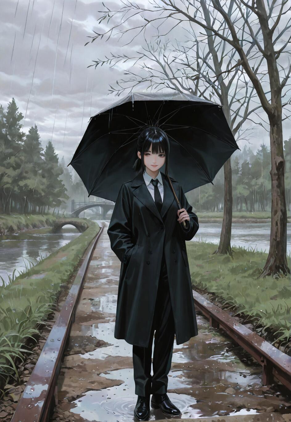 Asa Mitaka from Chainsaw Man, a young woman with short black hair, stands on wet train tracks in the rain, holding a black umbrella. She wears a black coat and suit and looks at the viewer with a slight smile, with a river and bridge in the background.