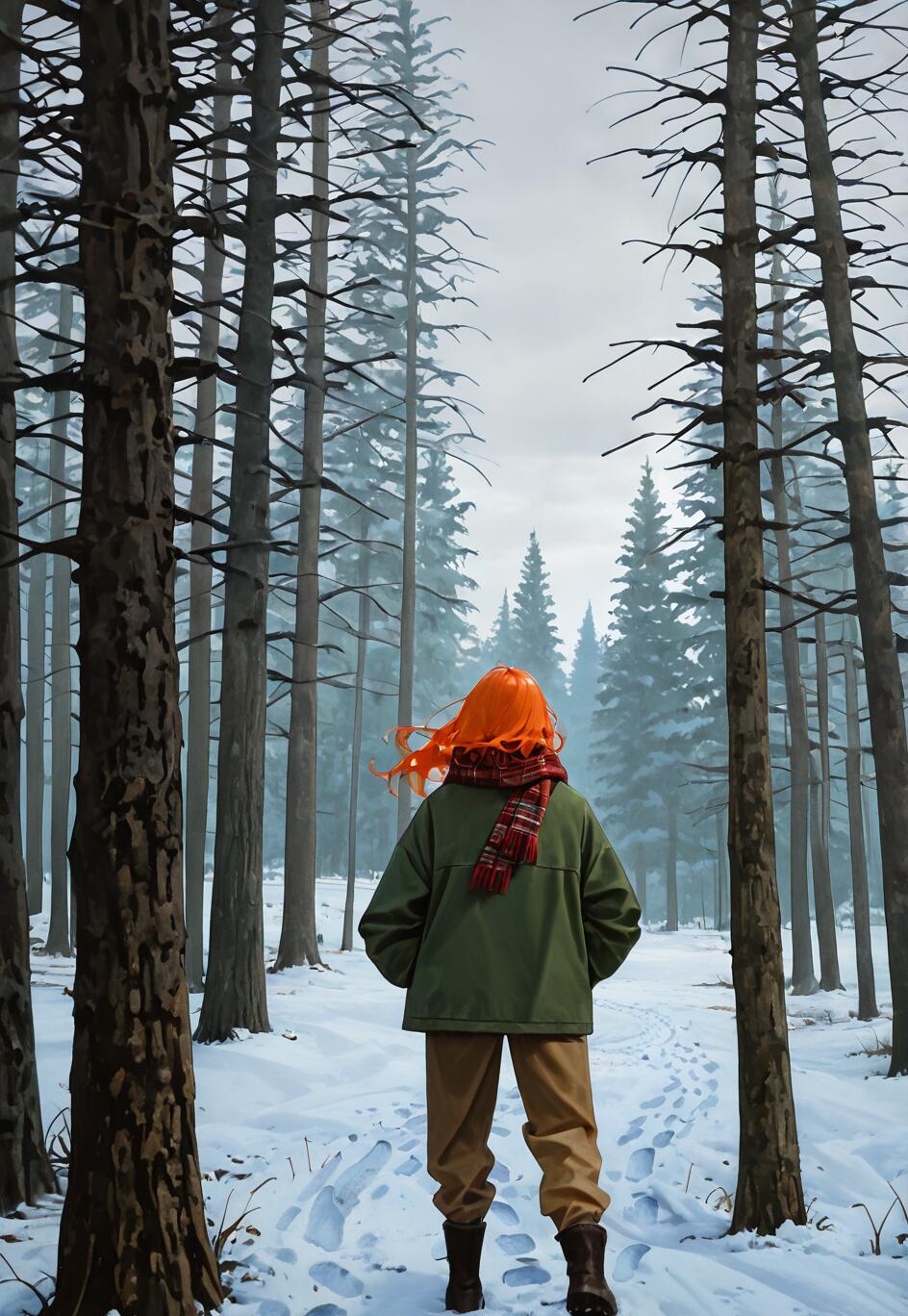 A painting of Tulip Olsen from 'Infinity Train' from behind, standing in a snowy pine forest. She has bright orange hair blowing in the wind and is wearing a green jacket, a red plaid scarf, and brown pants, with her hands in her pockets.