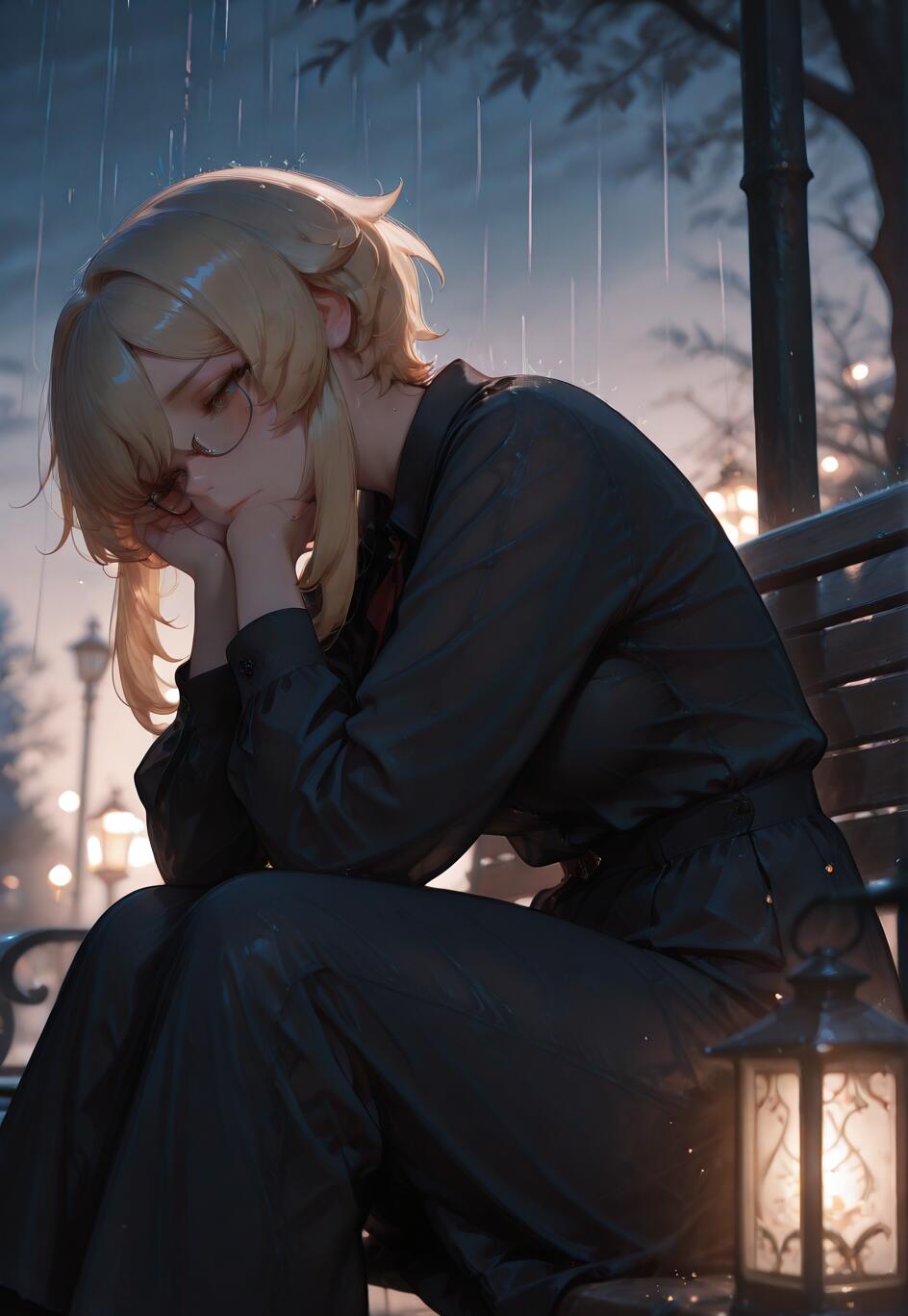 A blonde-haired anime girl with glasses, identified as Lumine from Genshin Impact, sits sadly on a park bench at night in the rain, her head resting in her hands. A glowing lantern sits beside her.