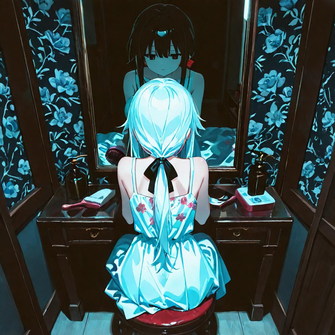 An anime girl with long, light blue hair sits at a vanity, facing a mirror. Her reflection in the mirror is a different girl with short, dark brown hair and a sad expression.