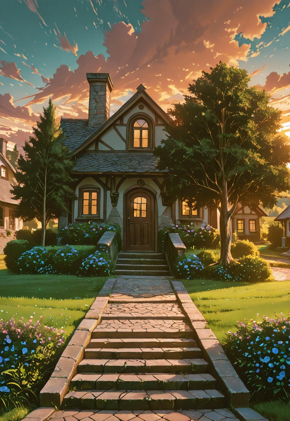 An illustration of a charming European-style cottage at sunset, with a stone staircase leading to the front door, surrounded by a lush garden under a colorful, cloudy sky.
