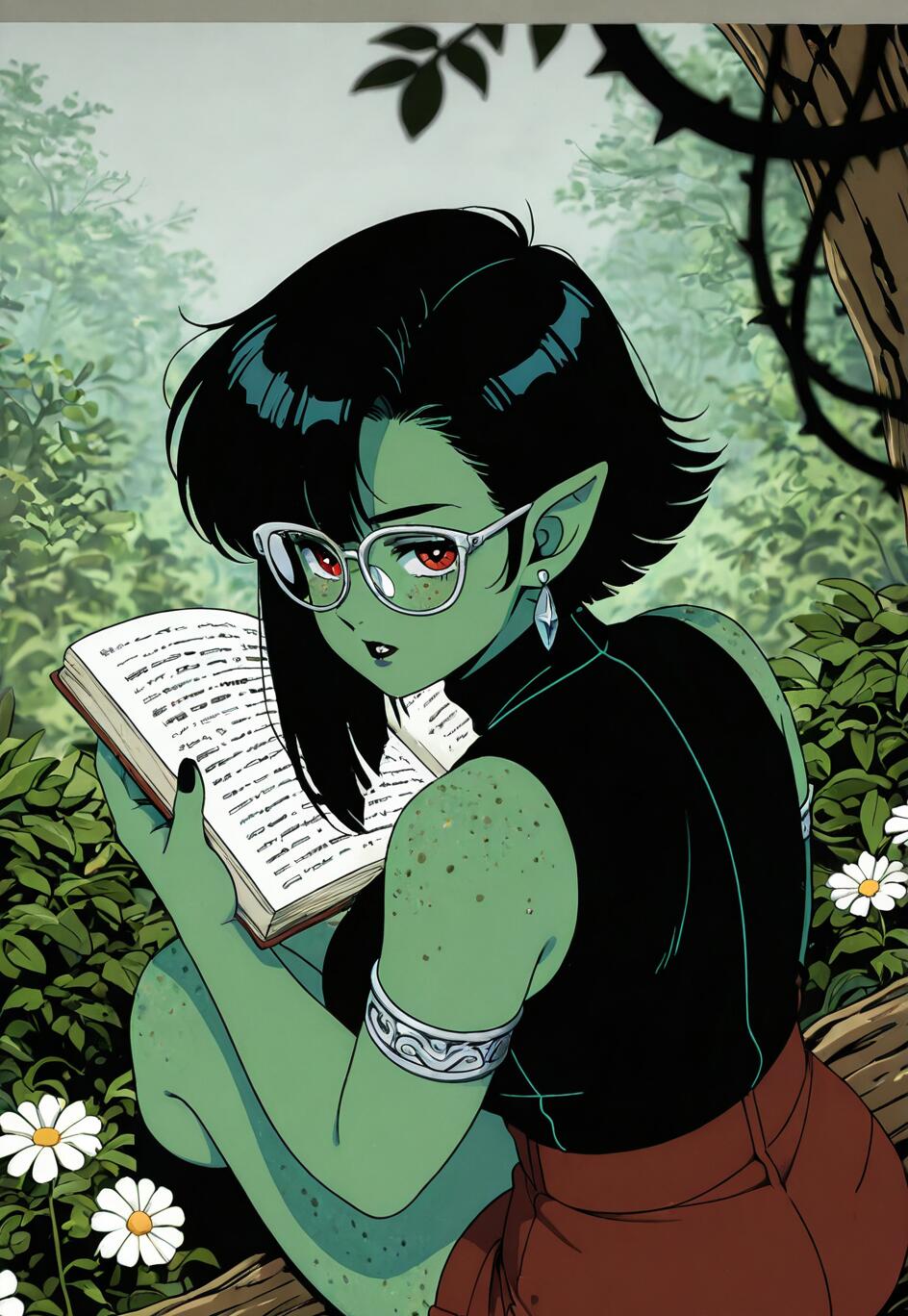 A green-skinned fantasy girl with short black hair and glasses, sitting in a forest and reading a book, looks over her shoulder at the viewer.